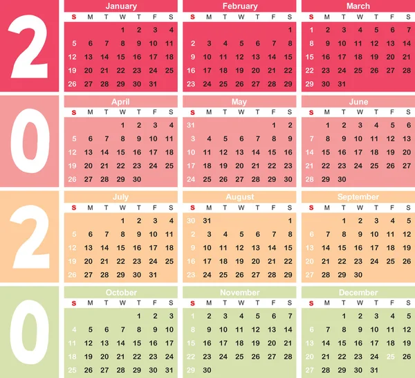Kalendarz roku 2020 w wektor mogą być przekształcone w dowolnym rozmiarze do druku — Wektor stockowy