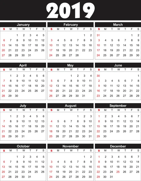 Kalender 2019 in vector kan worden omgezet in een formaat om af te drukken — Stockvector
