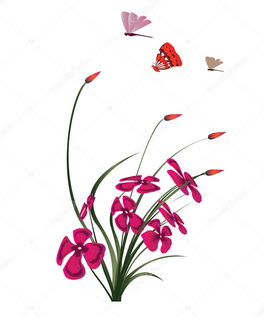 arte del vector de la mariposa y el dragón vuela, flores — Vector de