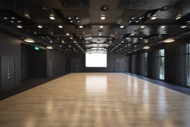 Projeksiyon salonu ve sahnede projeksiyon ekranı. Sanat galerisi