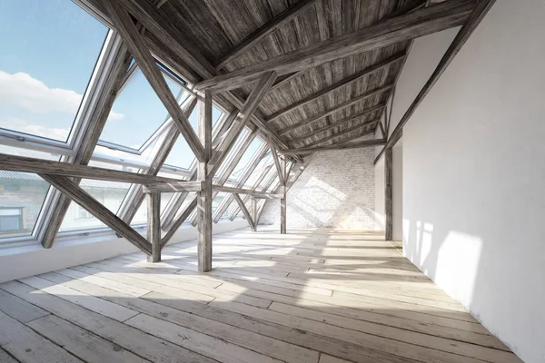 Scandinavian attic interior with wooden beam roof construction — Stock Photo, Image