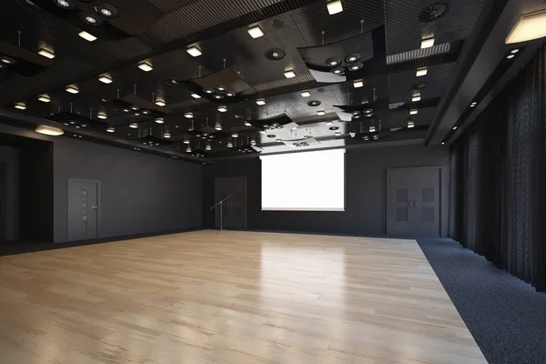 Sala de proyección con pantalla de proyección en el escenario. Galería de arte —  Fotos de Stock