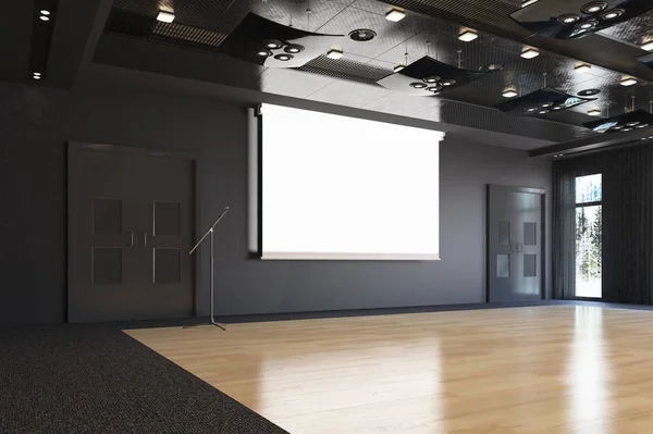 Salle de projection avec écran de projection sur scène. Galerie d'art — Photo