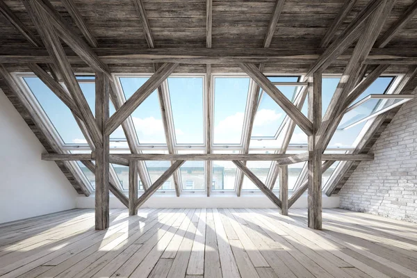 Bagian dalam loteng Skandinavia dengan konstruksi atap balok kayu Stok Gambar Bebas Royalti