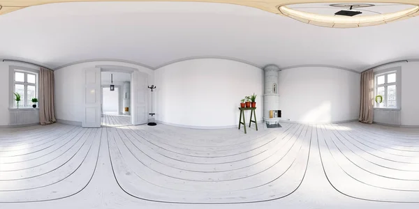 360 Innenräume Leerer Skandinavischer Appartements Ohne Möbel Mit Großer Wand — Stockfoto