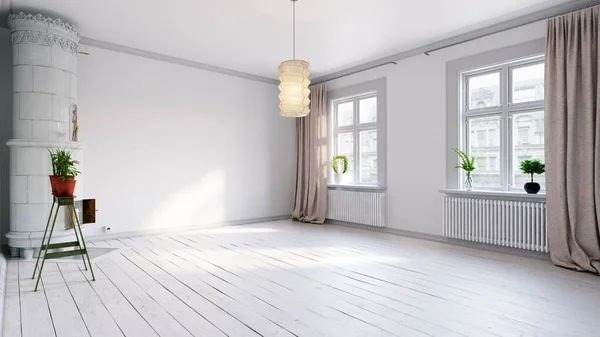 Escandinávia Apartamento Vazio Interior Sem Móveis Com Grande Parede Paisagem Fotografia De Stock