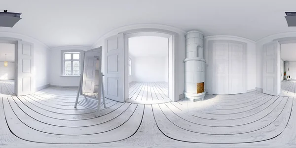 360 Интерьеров Пустых Скандинавских Квартир Мебели Большой Стеной Пейзажем Окне Лицензионные Стоковые Изображения