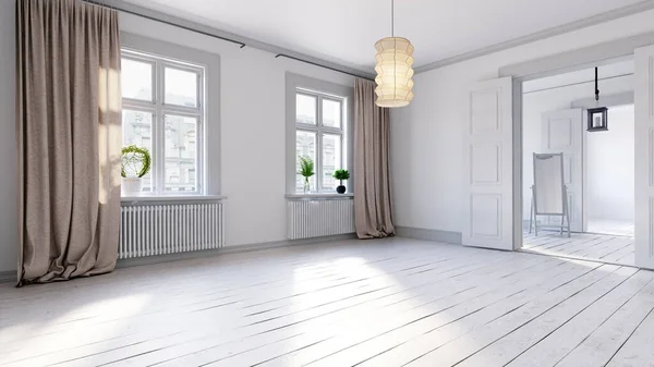 Interior Escandinavo Apartamento Vacío Sin Muebles Con Gran Pared Paisaje Fotos de stock libres de derechos