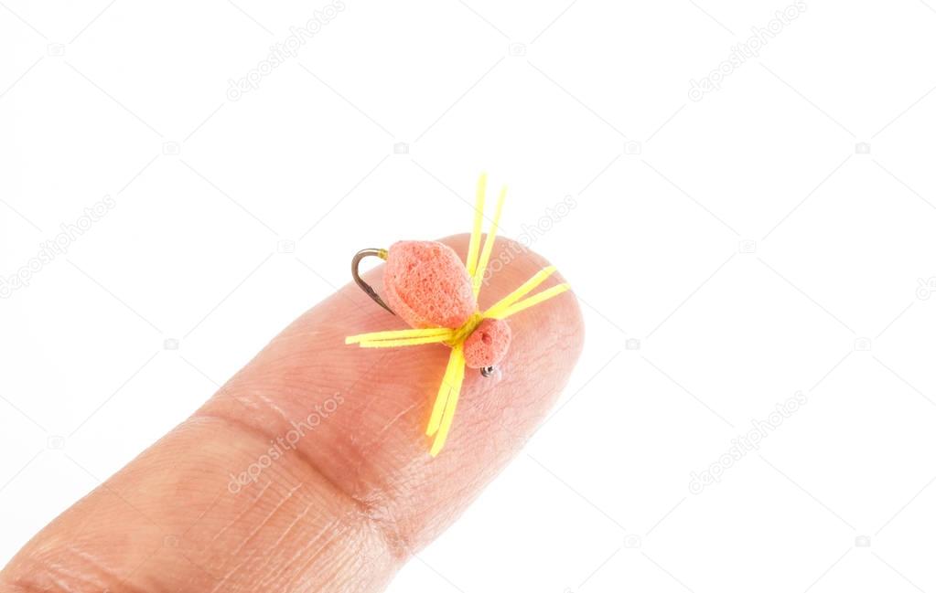 Tiny Fishing Fly on Finger Tip Isolated on White 