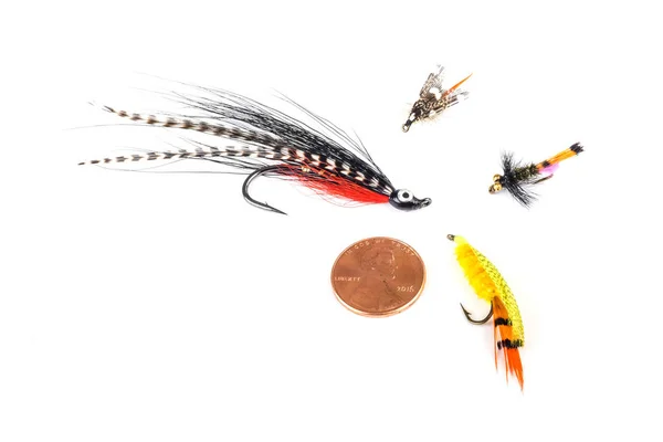 Various Size Fishing Flies Isolated on White — Stock Photo, Image