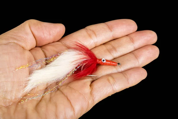 Mouche de pêche à la main isolé sur noir — Photo