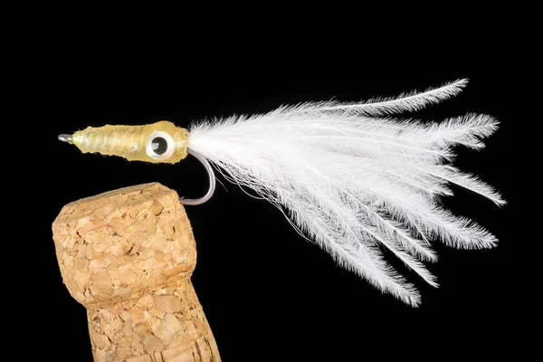 Hand Tied Fishing Fly Displayed on Champagne Cork — Stock Photo, Image