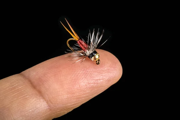 Fishing Fly on Finger Tip Isolated on Black — Stock Photo, Image