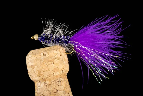 Colorful Hand Tied Fishing Flies Displayed on Champagne Cork — Stock Photo, Image