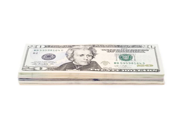 Pilha de dólares americanos contas com 20 dólares Bill no topo — Fotografia de Stock