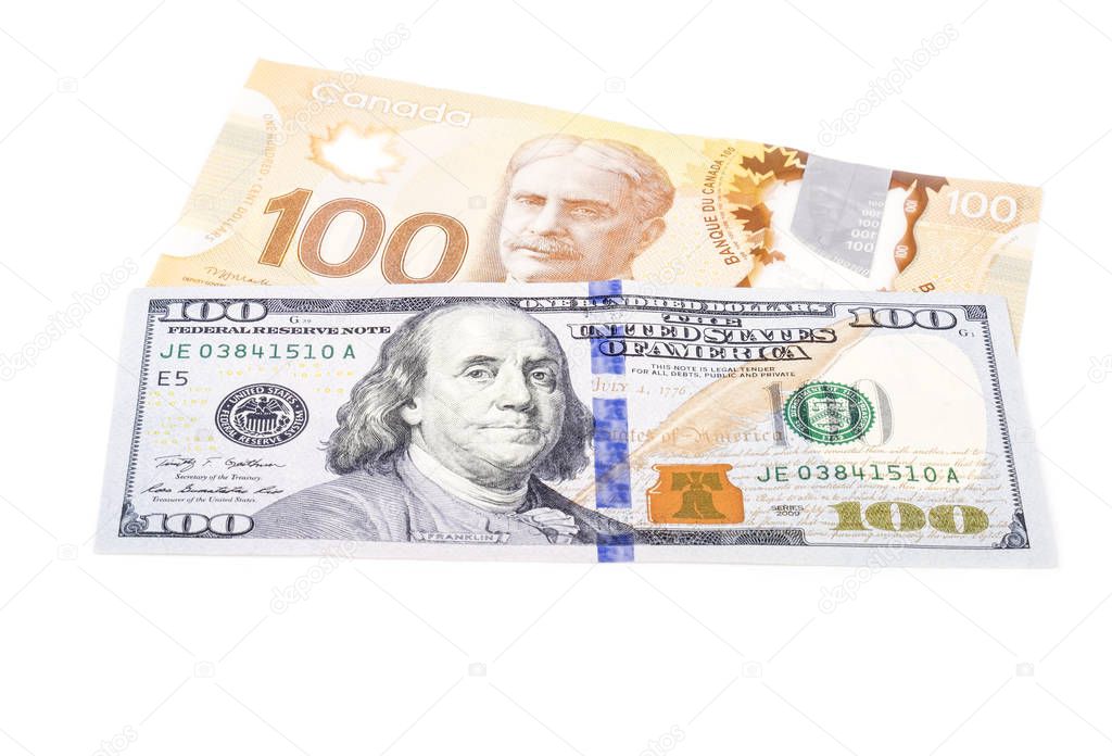 One Hundred US Dollar Bill Verses 100 Canadian Dollar Bill