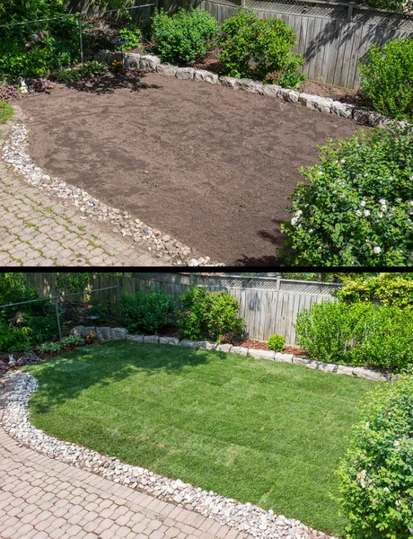 Vor und nach dem Spatenstich in einem Hinterhofgarten Stockbild