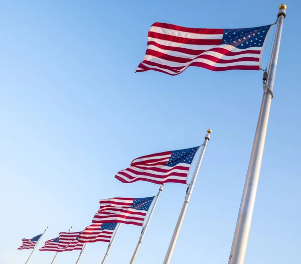 Mavi gökyüzüne karşı uçan ABD bayrakları — Stok fotoğraf