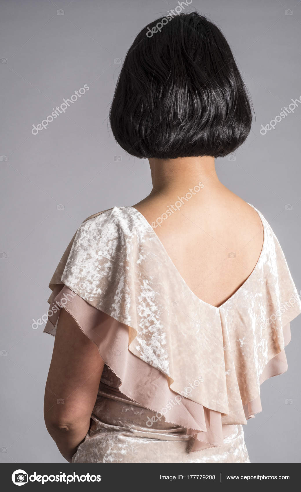 Back View Woman Shiny Short Black Hair Stock Photo