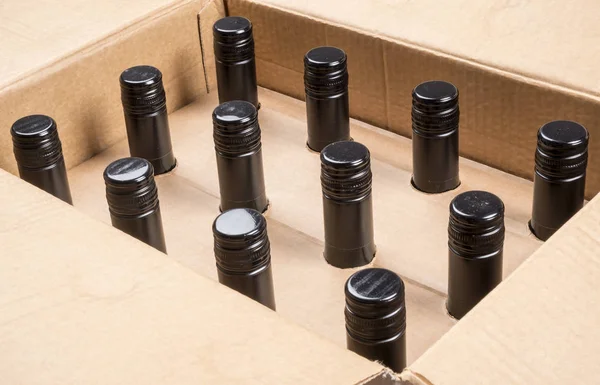 Case Bottles Wine Screw Caps Cardboard Box — Stock Photo, Image