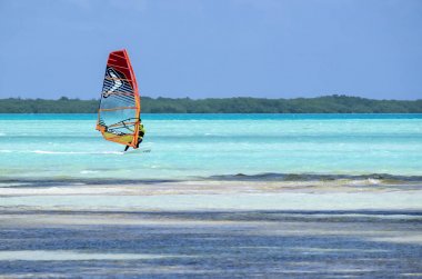 Kralendijk, Bonaire - April 12, 2018: Windsurfing at Sorobon Beach clipart