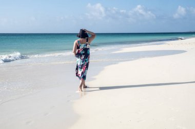 Aruba, Güney Karayipler - 10 Nisan 2018: Arkadan görünüm Eagle Beach Aruba üzerinde yürüyen çiçek içinde bir kadın