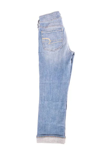 Women Light Colored Cropped Denim Blue Jeans Terisolasi Putih — Stok Foto