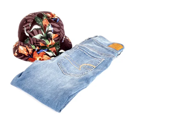 Jeans Blu Denim Colorato Chiaro Donna Colorato Cappello Secchio Cotone — Foto Stock