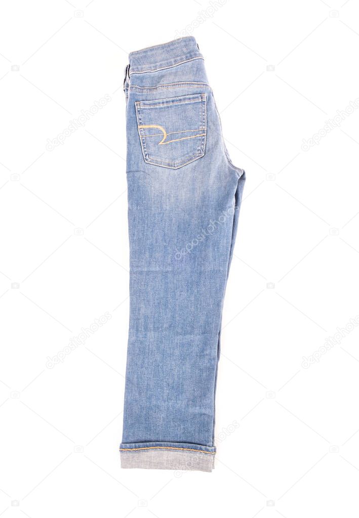 Women's Light Colored Cropped Denim Blue Jeans Isolated on White