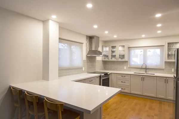 New Modern Open Concept Kitchen Grey White Color Scheme — 스톡 사진