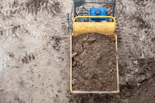 Birds Eye View Power Wheelbarrow Filled Dirt Construction Site — Stock Photo, Image