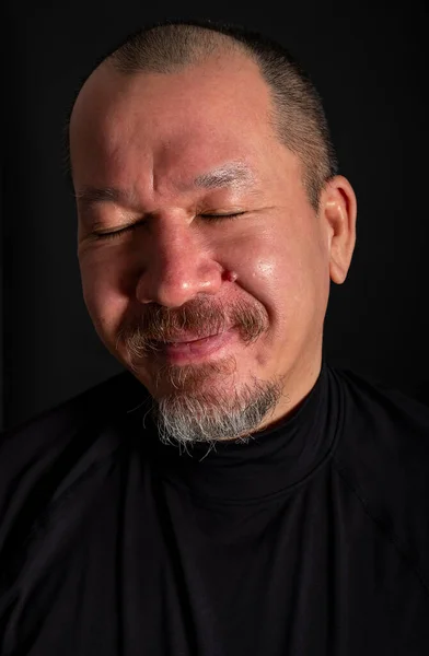 Studio Portrait Handsome Mixed Race Man Beard Smiling Eyes Closed — Stock Photo, Image