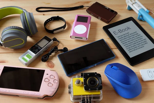 Many Used Modern Electronic Gadgets Daily Use Wooden Floor Reuse — Stock Photo, Image