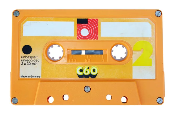 Close Vintage Old Yellow Audio Cassette Tape Isolated White Background — Stock Photo, Image