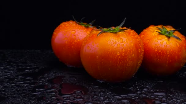 Frische Tomaten Nahaufnahme auf schwarzem Hintergrund — Stockvideo