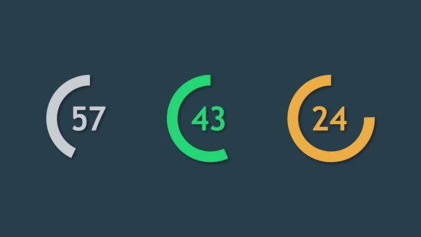 Animação Três Gráficos Multicoloridos Redondos Que Calculam Mostram Porcentagens Contando — Vídeo de Stock