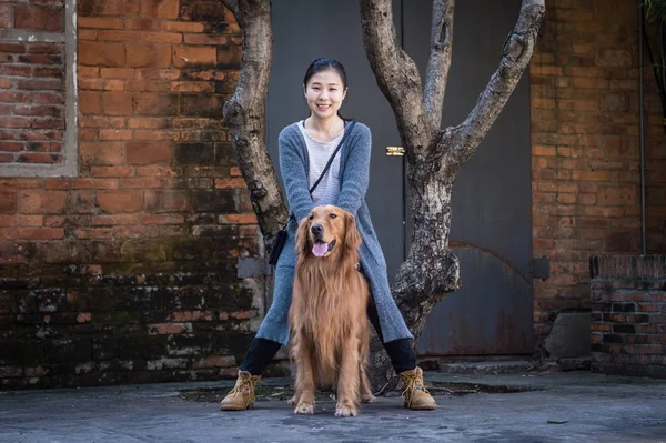 Niñas y golden retrievers — Foto de Stock