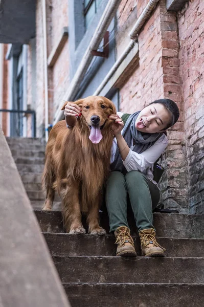 Ragazza e golden retriever — Foto Stock