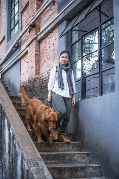 Girl and golden retriever — Stock Photo, Image