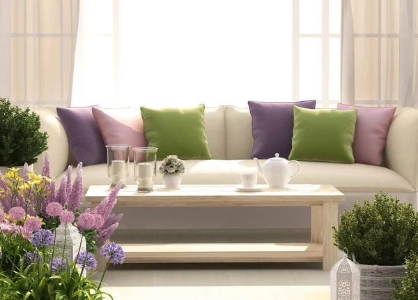 Belo terraço com sofá e flores Imagens Royalty-Free