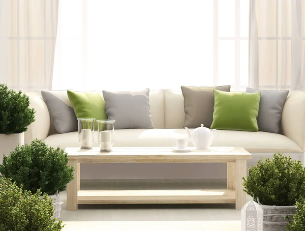Terraza luminosa con sofá y flores Fotos de stock