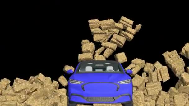 汽车撞破石墙 汽车和石墙倒塌 汽车撞毁 石墙被毁 墙被炸开 石头坠落 3D动画 — 图库视频影像