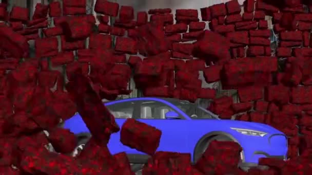 Car Breaks Stone Wall Car Stone Wall Collapse Crashing Car — Stock Video