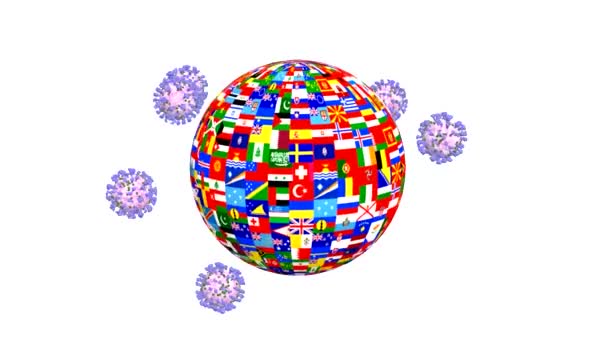 Coronavirus Covid Περιστρέφεται Γύρω Από Σημαίες Όλων Των Χωρών Του — Αρχείο Βίντεο