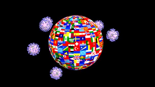 コロナウイルスCovid 19は世界のすべての国の国旗を中心に展開しています 私はあなたとあなたの家族とあなたの友人に健康と偉大な楽観主義を願っています ありがとうございました — ストック動画
