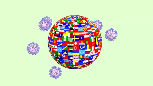 コロナウイルスCovid 19は世界のすべての国の国旗を中心に展開しています 私はあなたとあなたの家族とあなたの友人に健康と偉大な楽観主義を願っています ありがとうございました — ストック動画