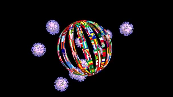 Coronavirus Covid Περιστρέφεται Γύρω Από Σημαίες Όλων Των Χωρών Του — Αρχείο Βίντεο