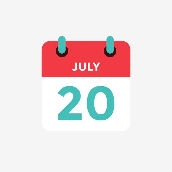 Platte pictogram kalender 20 juli. Datum, dag en maand. Vectorillustratie. — Stockvector