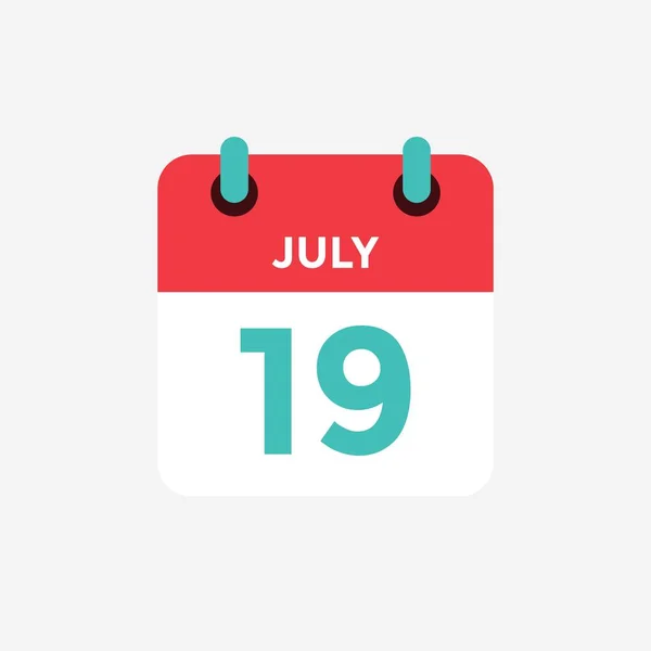 Platte pictogram kalender 19 juli. Datum, dag en maand. Vectorillustratie. — Stockvector