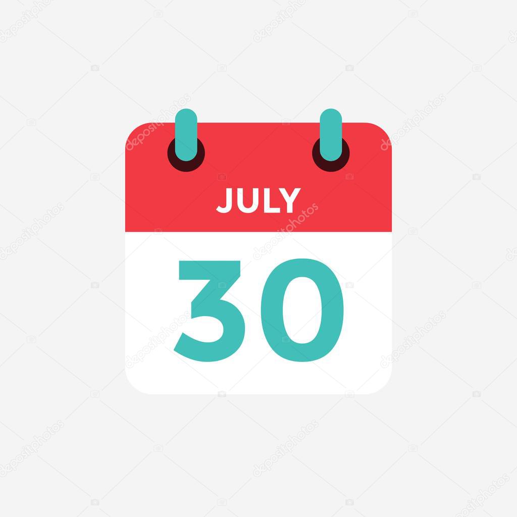 Flat icon calendar 30 of July. Date, day and month. Vector illustration.